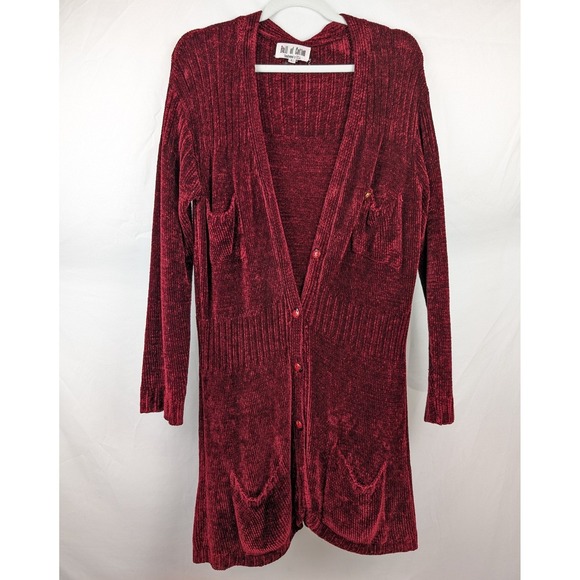 Vtg Ball Cotton Red Corduroy Button Long Sleeve Cardigan L Ladybug Cottagecore - Picture 2 of 12